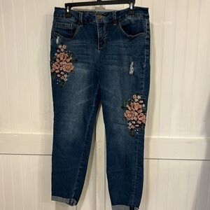 Royalty for me, midrise, floralprint, rolled hem, distressed jeans, size 12
